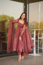 Lovely Pink Organza Foil Work Gown With Palazzo